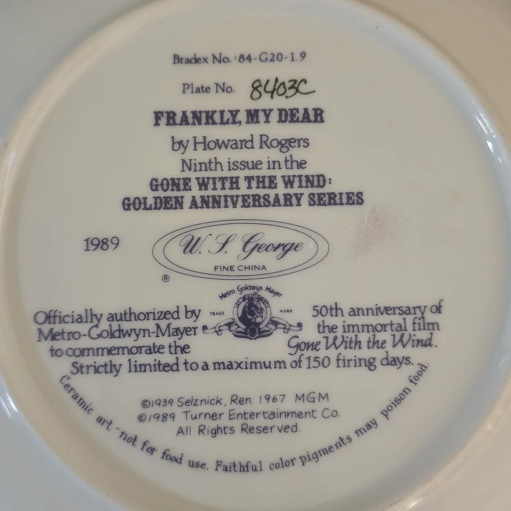 Frankly My Dear, Gone With The Wind, W. L. George Collector Plate N.8403